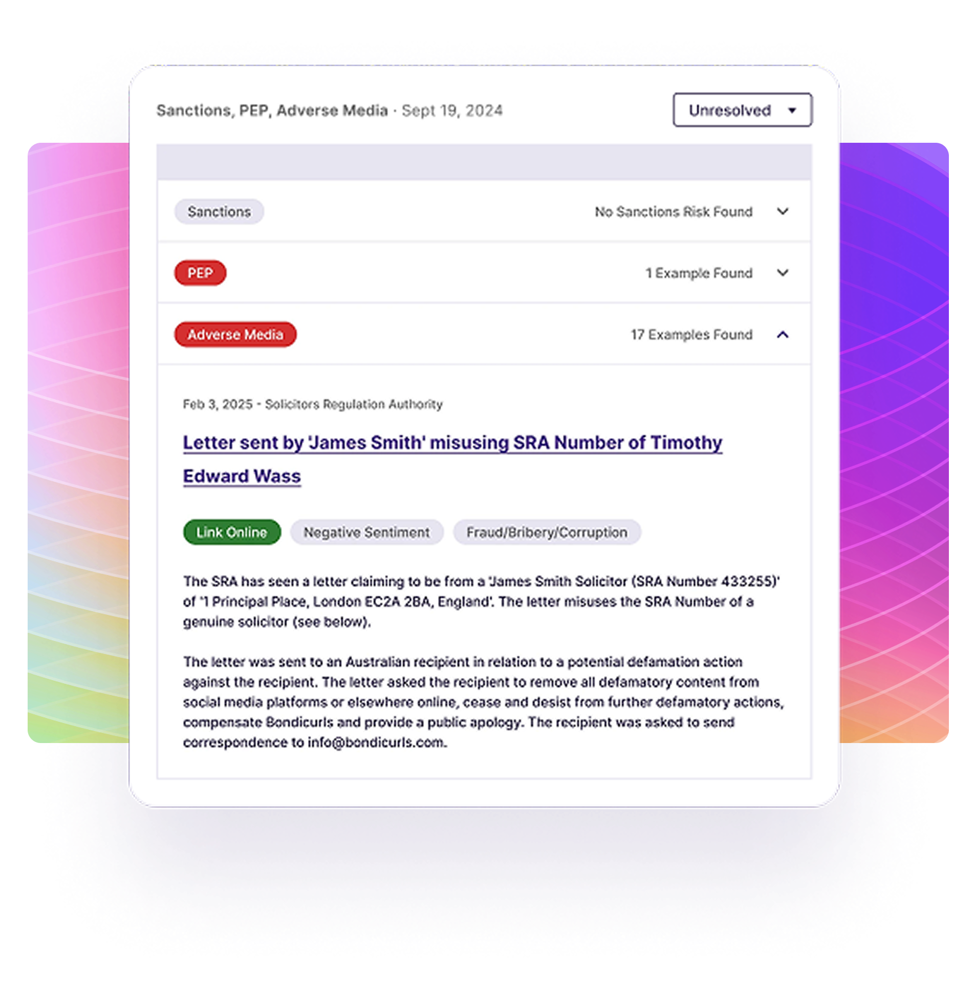 Adverse media screening dashboard