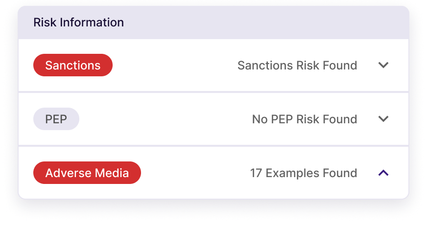 An alert showing sanctions risk found, no PEP risk found, and 17 adverse-media examples
