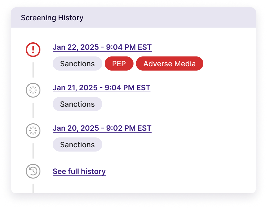 A screening history log: each re-screen dated, with the risk found on each