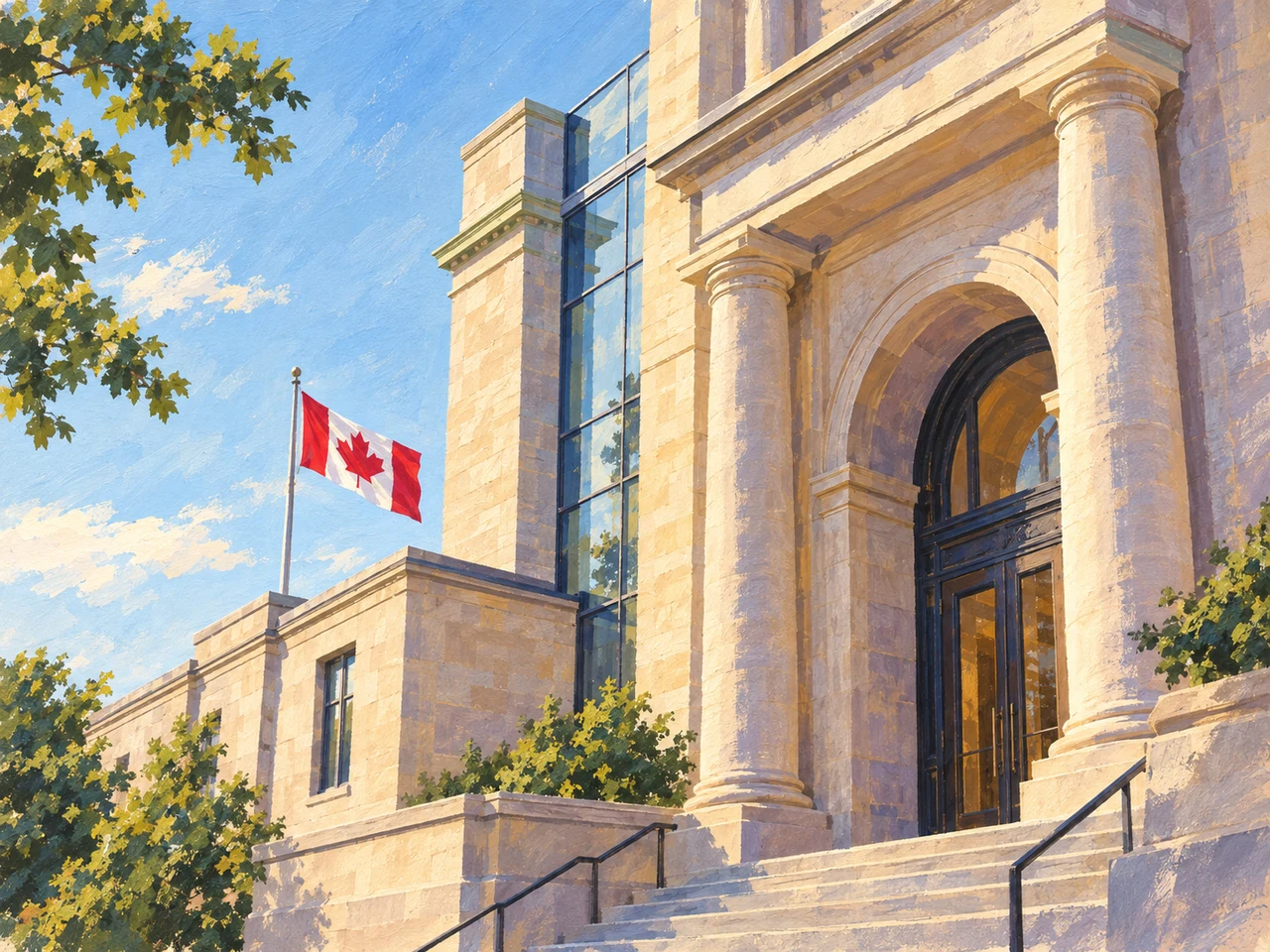 Painted illustration of an imagined Canadian civic building in natural daylight.
